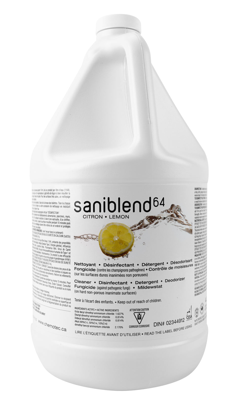 Saniblend - Cleaner - Deodorizer - Disinfectant - Concentrated - Lemon - 1.06 gal (4 L) - Safeblend S64LGW4 - Disinfectant for use against coronavirus (COVID-19) DIN# 02344912