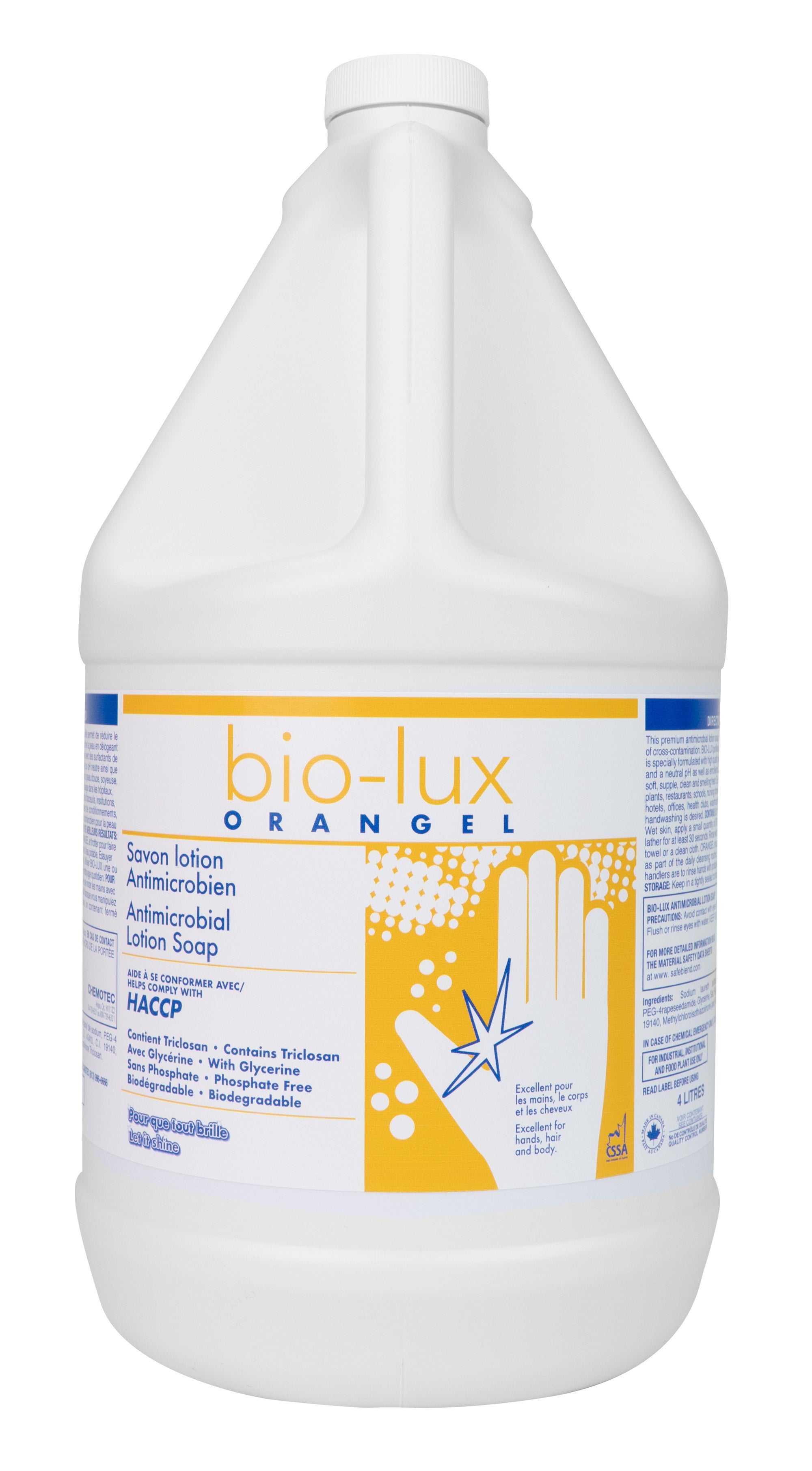 Hands Antimicrobial Liquid Soap Bio-Lux Oranger - Ready to Use - 1.06 gal (4 L) - Safeblend BIOR - Disinfectant for use against coronavirus (COVID-19)
