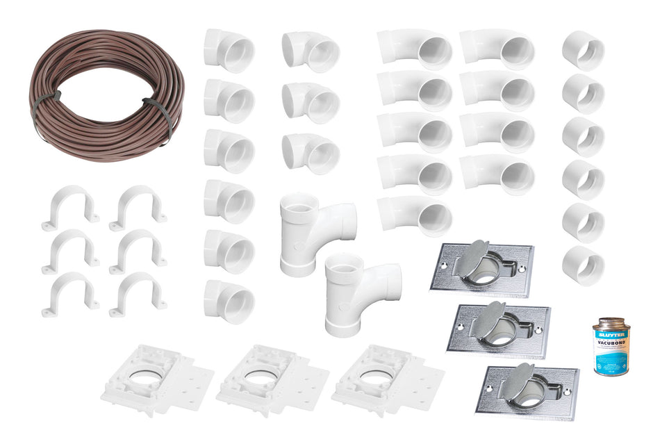 Installation Kit for Central Vacuum - 3 Brass Finish Inlets - with Accessories