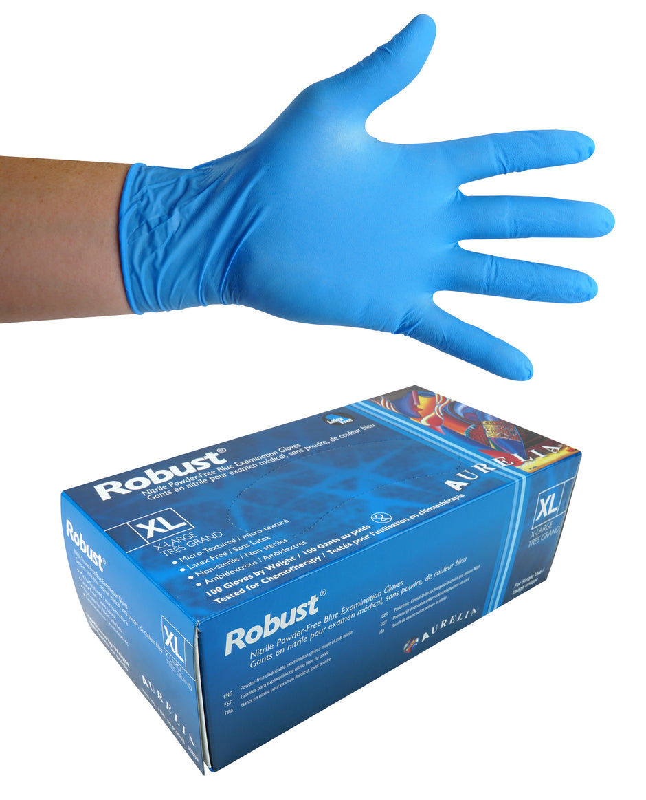 Nitrile Disposable Gloves - Extra Large - 5 mm - Powder-Free - Micro-Textured - Robust - Blue  - Aurelia 93899 - Box of 100