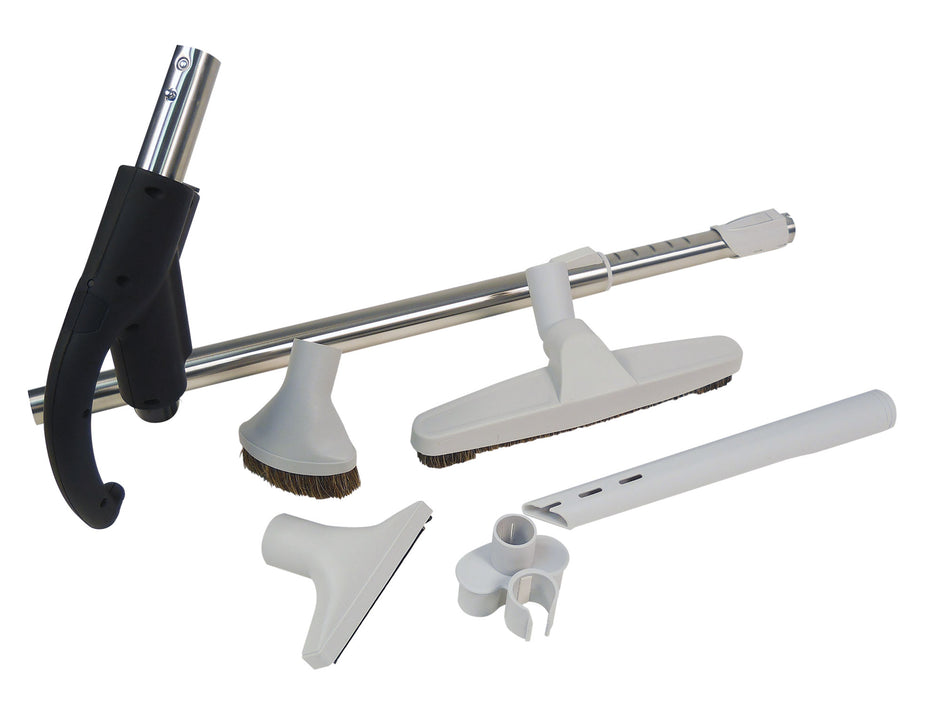 Central Vacuum Kit - Handle with Union and Button Lock Hide-A-Hose - 12" (30.5 cm) Floor Brush - Dusting and Upholstery Brushes - Crevice Tool - Tool Hanger -Telescopic Wand - Grey - HHKITEZ