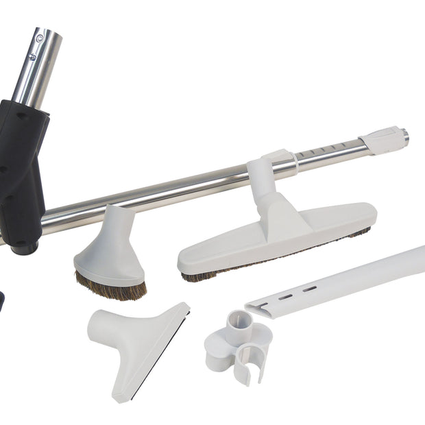 Central Vacuum Kit - Handle with Union and Button Lock Hide-A-Hose - 12" (30.5 cm) Floor Brush - Dust and Upholstery Brushes - Crevice Tool - Tool Hanger - Telescopic Wand - Grey - HHKITEZ24