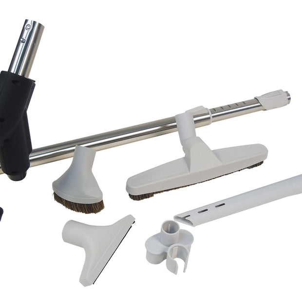 Central Vacuum Kit - Handle with Union and Button Lock Hide-A-Hose - 12" (30.5 cm) Floor Brush - Dusting and Upholstery Brushes - Crevice Tool - Tool Hanger -Telescopic Wand - Grey - HHKITEZ
