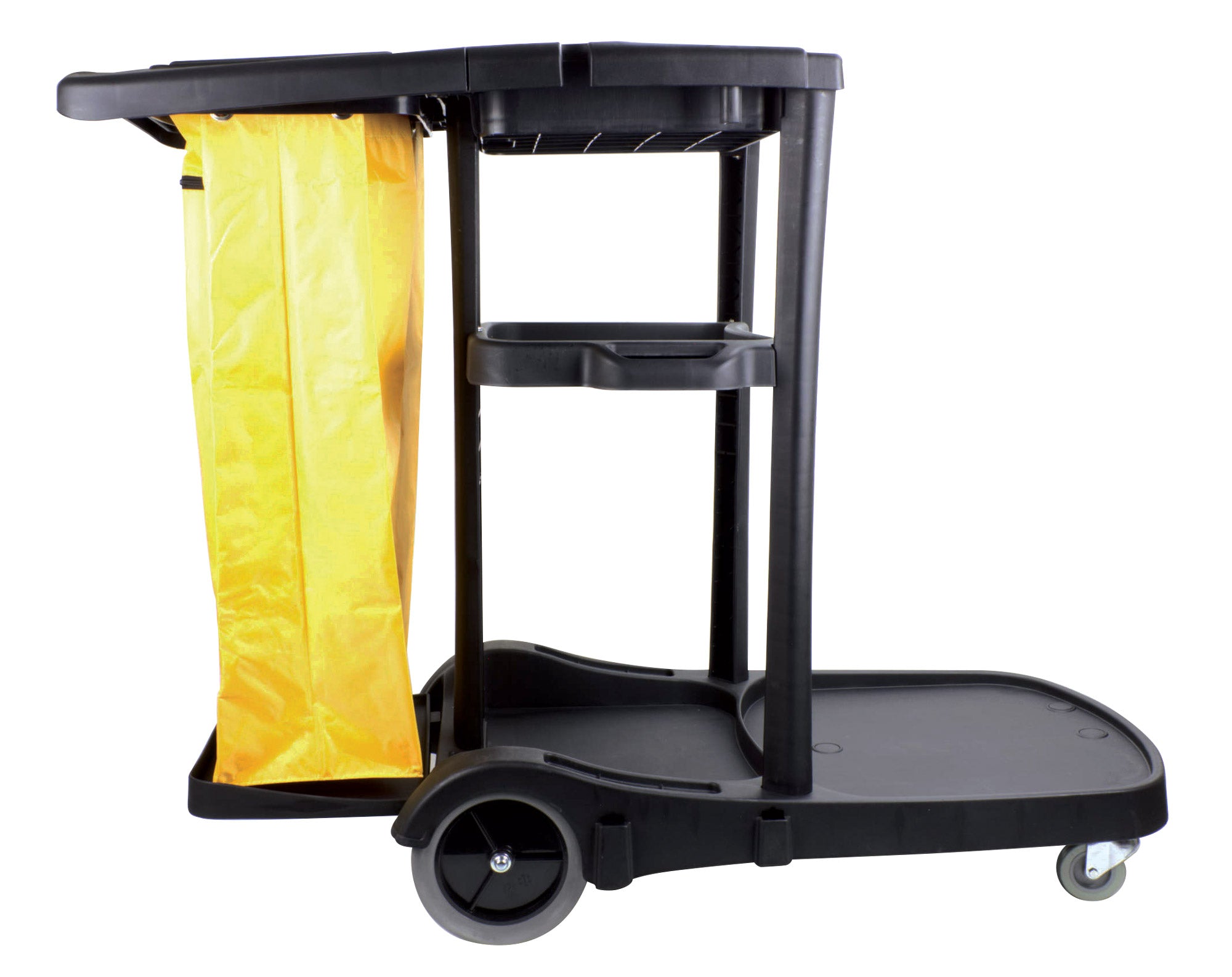 Janitor Cart with  Front Casters & Non-Marking Rear Wheels - Polyester Garbage Bag Support - 3 Shelves - Black