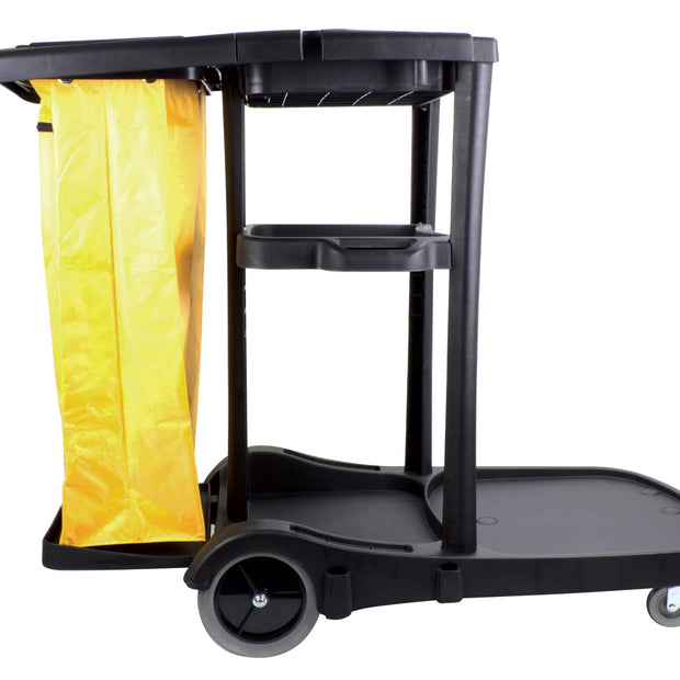 Janitor Cart with  Front Casters & Non-Marking Rear Wheels - Polyester Garbage Bag Support - 3 Shelves - Black
