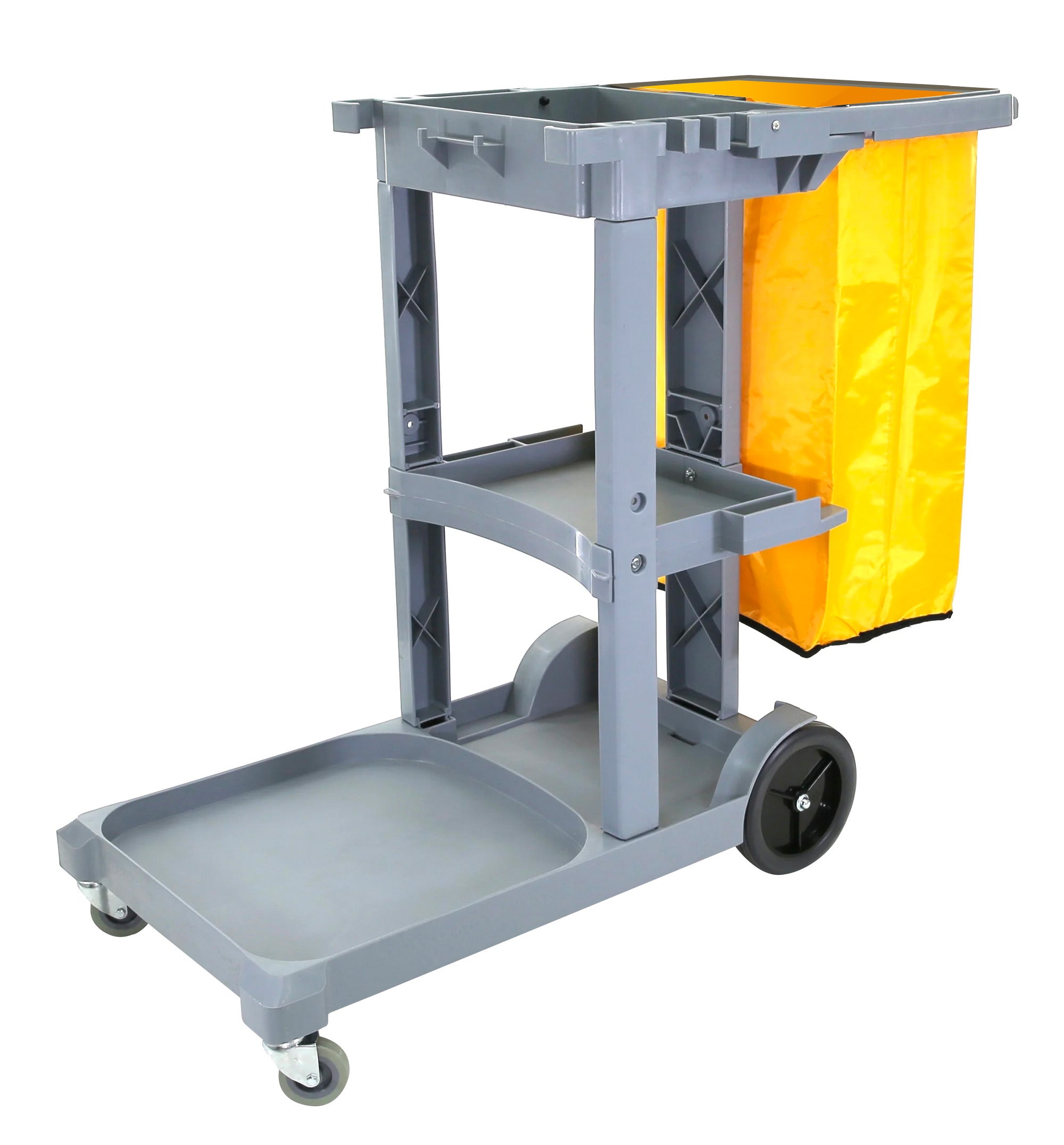 Janitor Cart with Front Casters & Non-Marking Rear Wheels - Polyester Garbage Bag Support - 3 Shelves - Grey