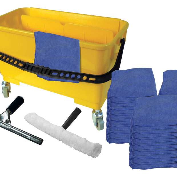 Window Cleaning Kit - Bucket with 14" Washer and Squeegee plus 25 Microfiber Cloths