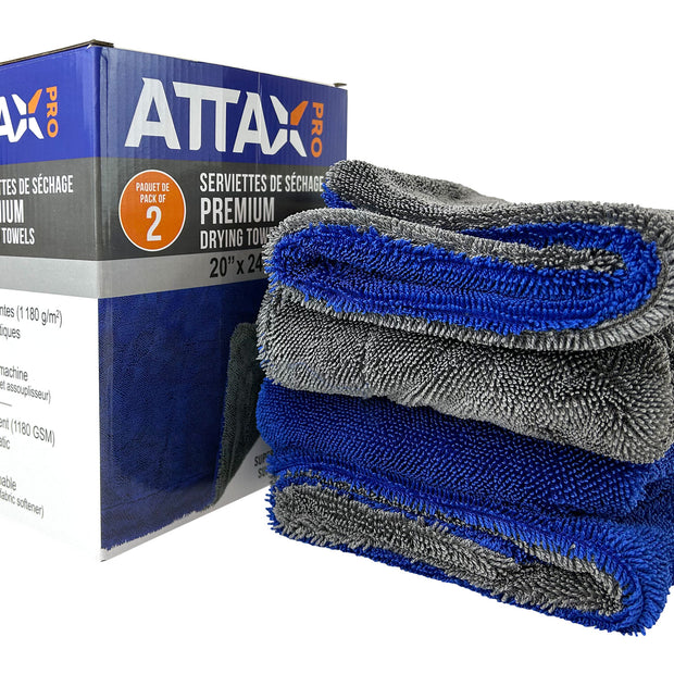 Premium Drying Towels - 20" x 24" - 1180 GSM - Pack of 2 - Attax Â® Pro