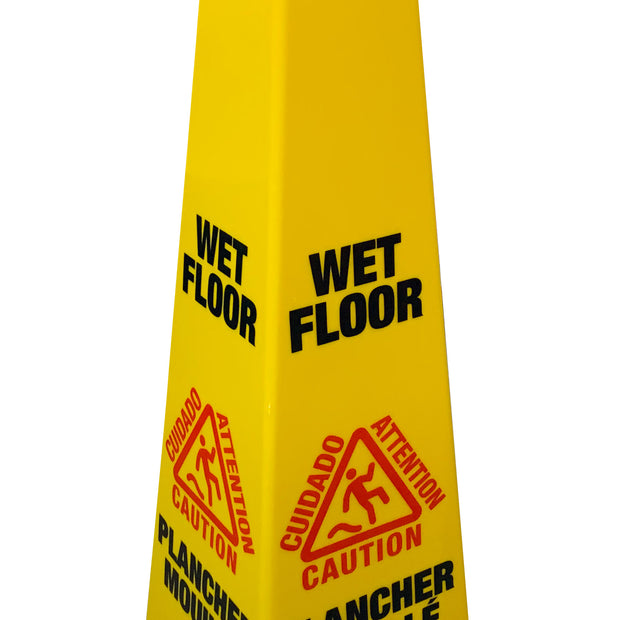Bilingual Cone Shaped Floor Sign 36'' "CAUTION WET FLOOR" - 4-Sided Imprint - Yellow - Height (91.4 cm)