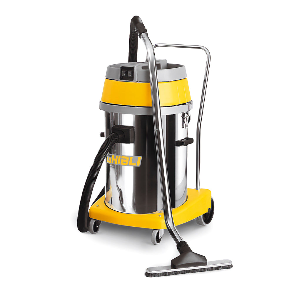Commercial Wet & Dry Vacuum - Capacity of 15 gal (56 L) - 2 Motors - Metal Tank on Trolley - 8' Hose