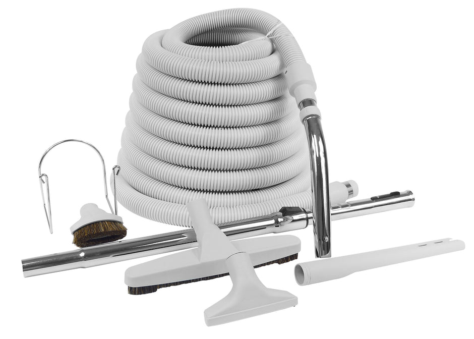 Central Vacuum Kit - 30' (9 m) Hose with Cuff and Handle - Floor Brush - Dusting Brush - Upholstery Brush - Crevice Tool - Telescopic Wand - Hose Hanger - Grey
