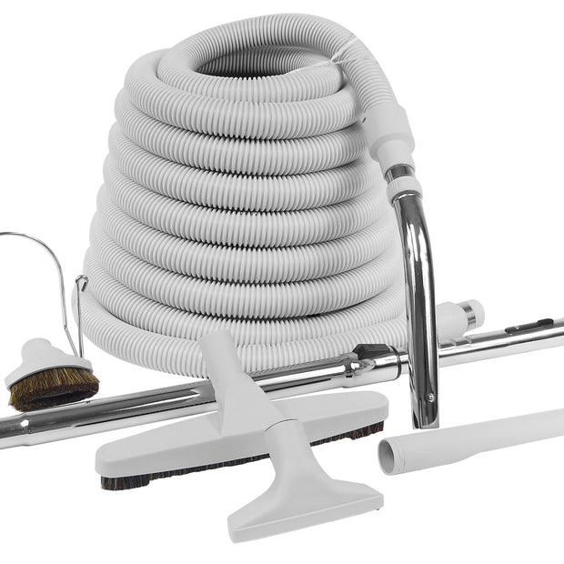 Central Vacuum Kit - 30' (9 m) Hose with Cuff and Handle - Floor Brush - Dusting Brush - Upholstery Brush - Crevice Tool - Telescopic Wand - Hose Hanger - Grey