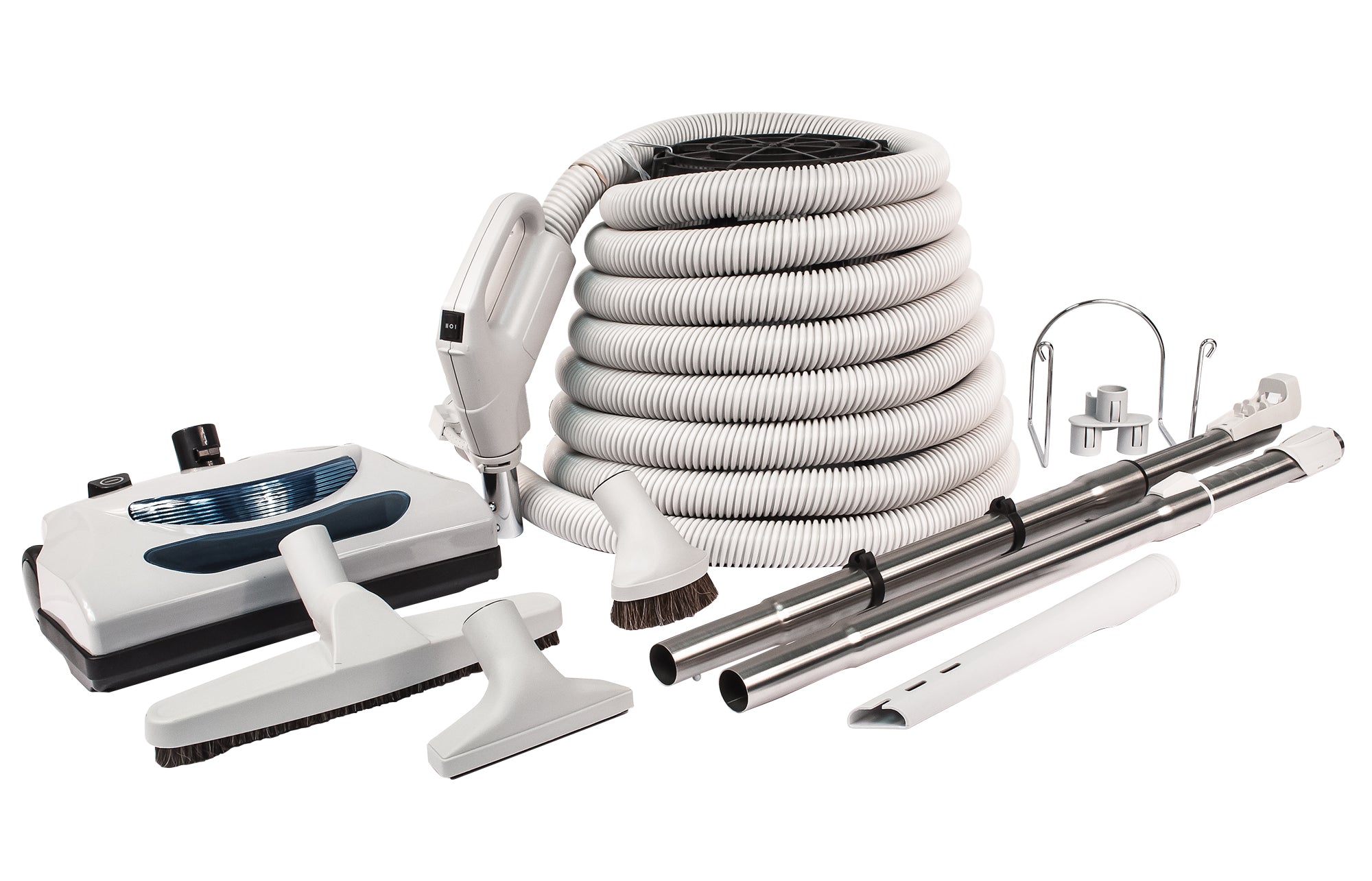 Central Vacuum Kit - 30' (9 m) Electrical Hose - Grey Power Nozzle - Floor Brush - Dusting Brush - Upholstery Brush - Crevice Tool - 2 Telescopic Wands - Hose and Tools Hangers - Grey