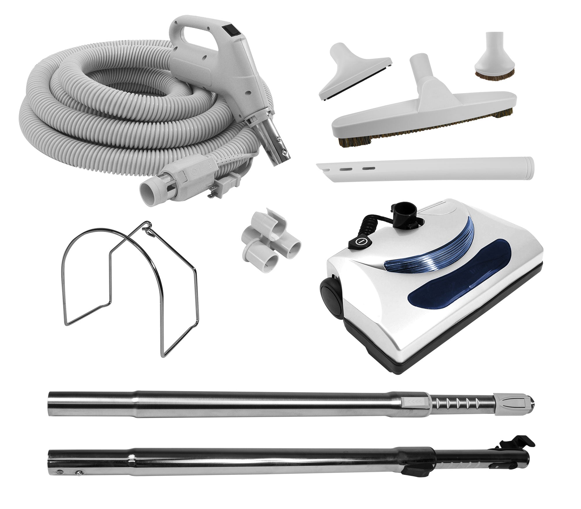 Central Vacuum Accessories Kit - 50' (15 m) Electrical Hose with On/Off Switch - Power Nozzle - Multiple Brushes