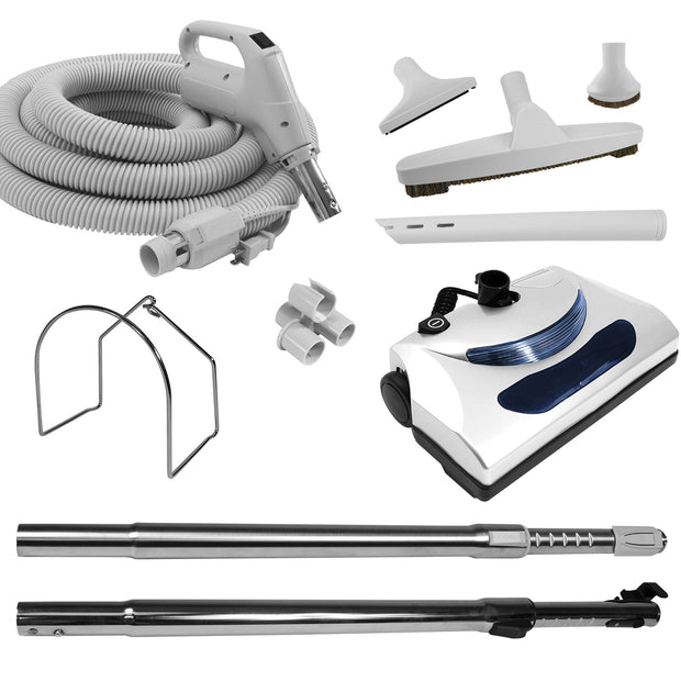Central Vacuum Accessories Kit - 50' (15 m) Electrical Hose with On/Off Switch - Power Nozzle - Multiple Brushes