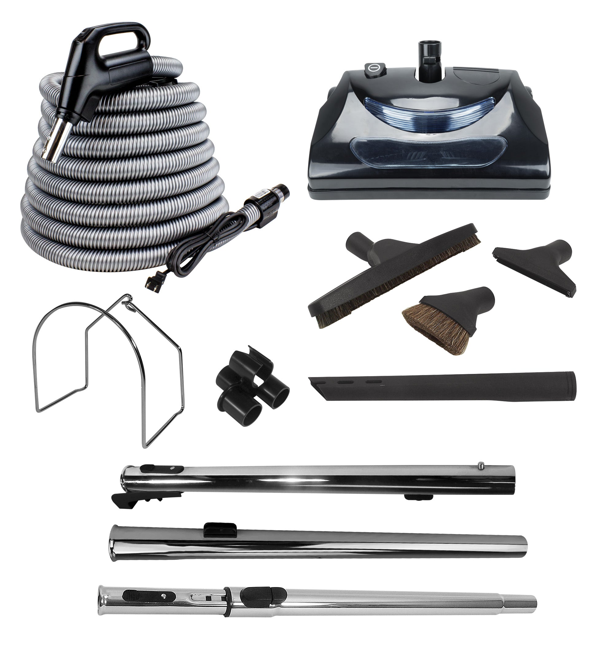 Central Vacuum Accessories Kit - 35' (10,6 m) Electrical Hose - Power Nozzle - Floor Brush - Dusting Brush - Upholstery Brush - Crevice Tool - 3 Telescopic Wands - Hose and Tools Hanger