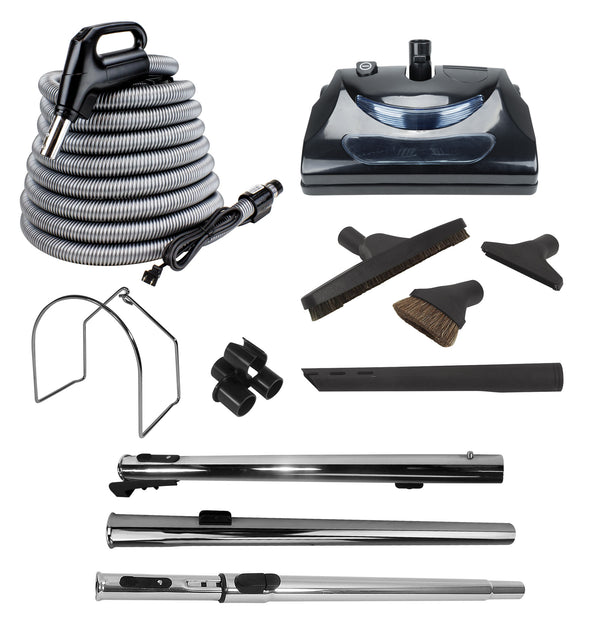 Central Vacuum Accessories Kit - 35' (10,6 m) Electrical Hose - Power Nozzle - Floor Brush - Dusting Brush - Upholstery Brush - Crevice Tool - 3 Telescopic Wands - Hose and Tools Hanger