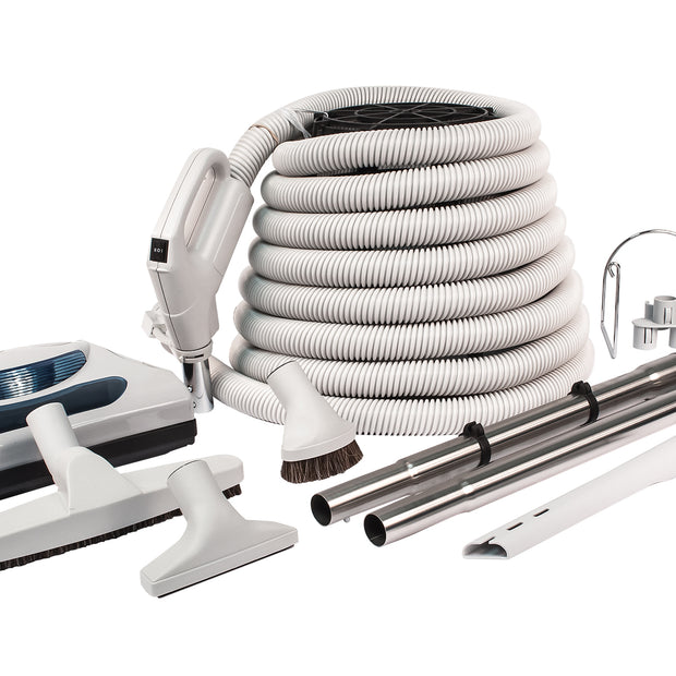 Central Vacuum Kit - 30' (9 m) Electrical Hose - Grey Power Nozzle - Floor Brush - Dusting Brush - Upholstery Brush - Crevice Tool - 2 Telescopic Wands - Hose and Tools Hangers - Grey