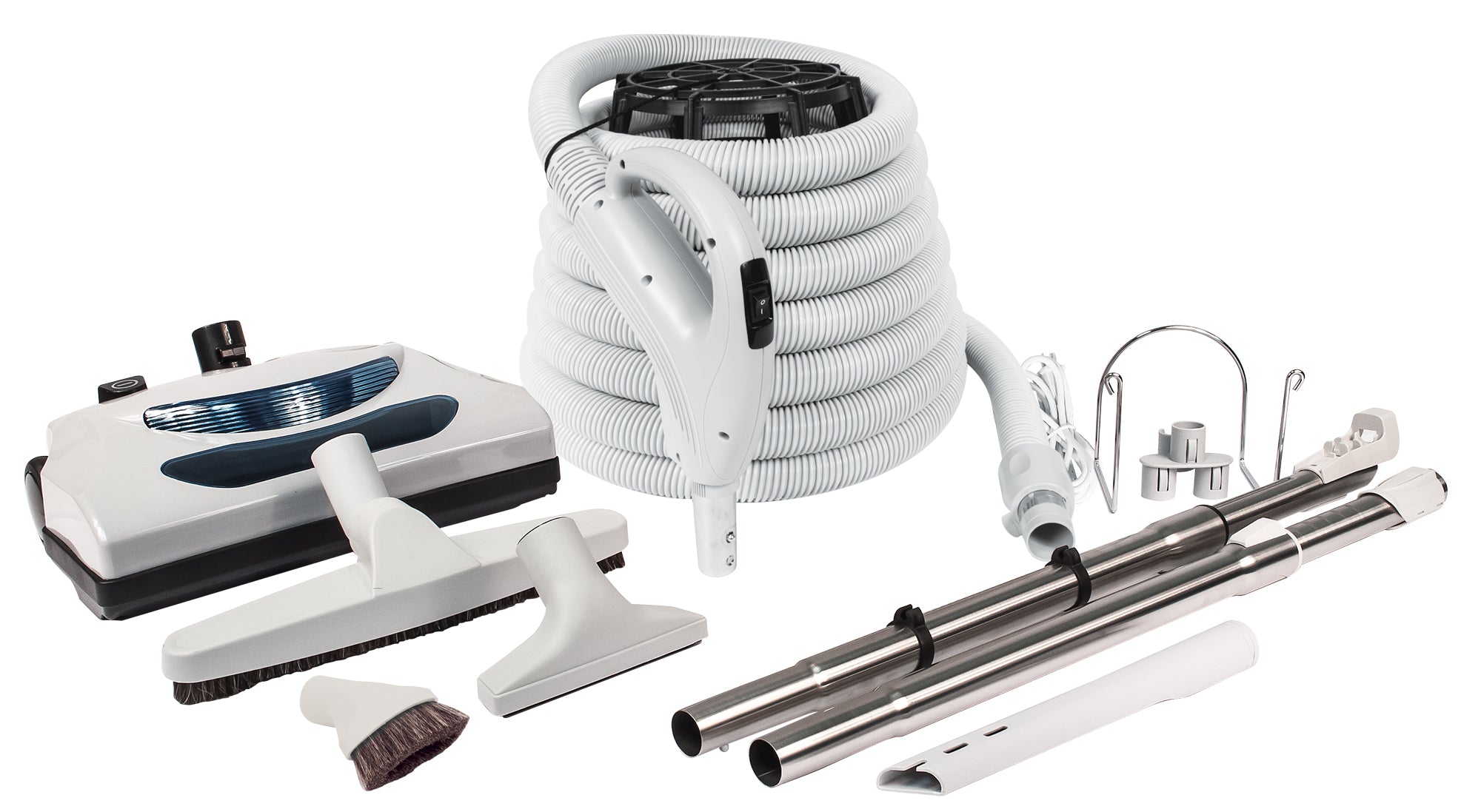 Central Vacuum Kit - 30 ' (9 m) Electrical Hose - Grey Power Nozzle - Floor Brush - Dusting Brush - Upholstery Brush - Crevice Tool - 2 Telescopic Wands - Hose and Tools Hangers - Grey