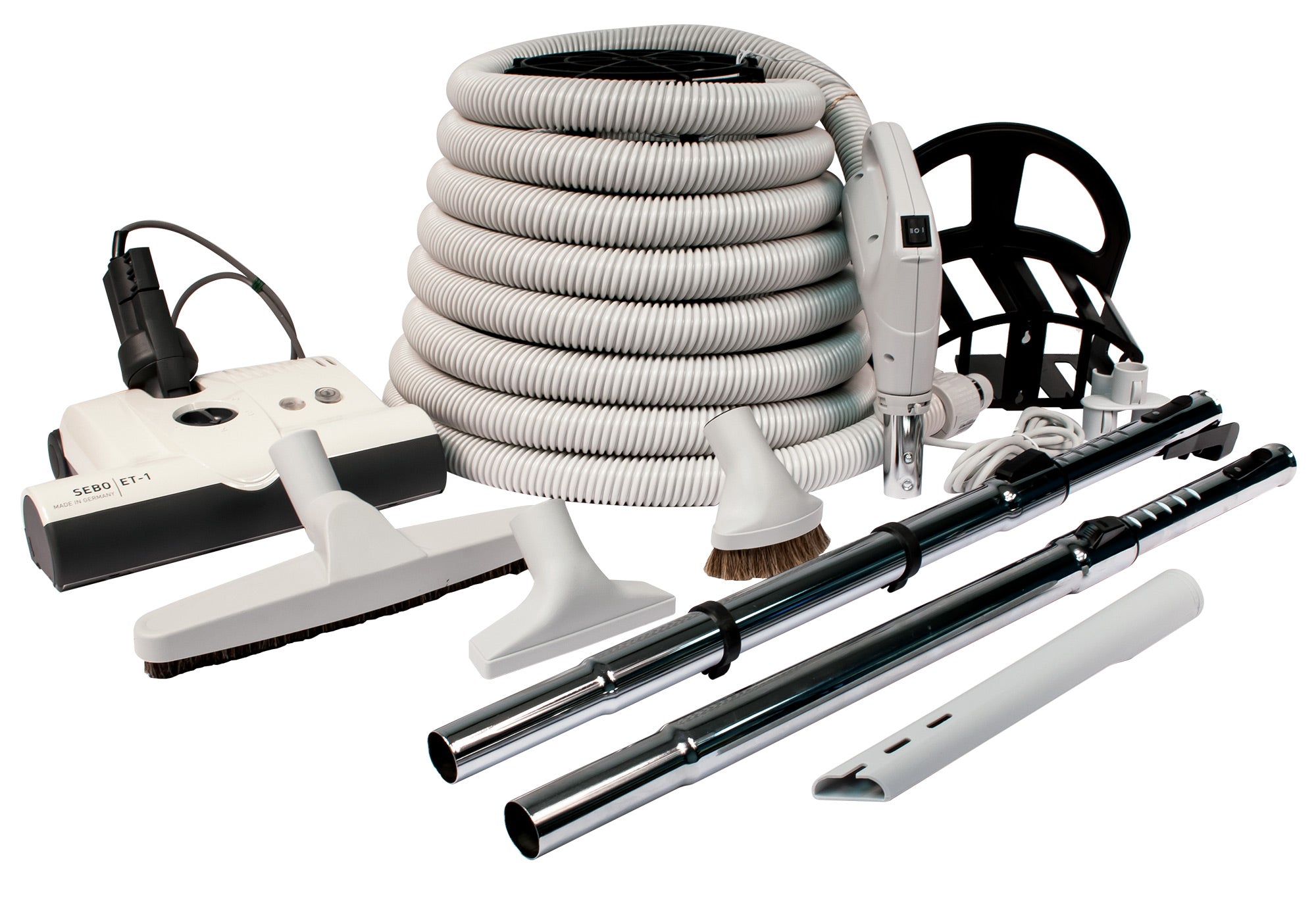 Central Vacuum Kit - 30' (9 m) Electrical Hose - SEBO Power Nozzle - Floor Brush - Dusting Brush - Upholstery Brush - Crevice Tool - 2 Telescopic Wands - Hose and Tools Hangers - Light Grey