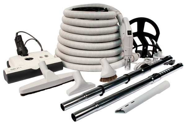 Central Vacuum Kit - 35' (10 m) Electrical Hose - SEBO Power Nozzle - Floor Brush - Dusting Brush - Upholstery Brush - Crevice Tool - 2 Telescopic Wands - Hose and Tools Hangers - Light Grey