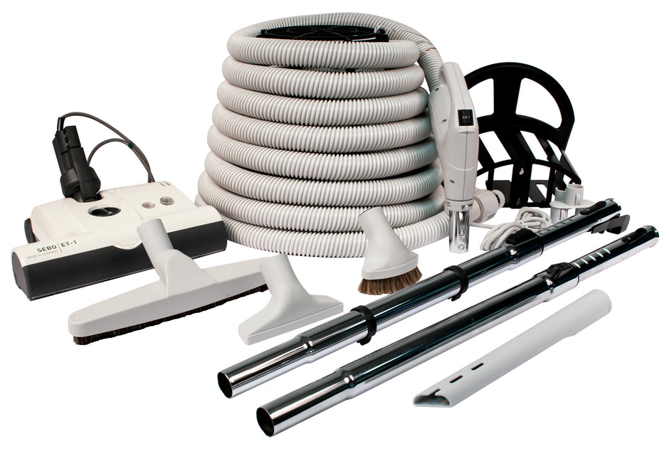 Central Vacuum Kit - 35' (10 m) Electrical Hose - SEBO Power Nozzle - Floor Brush - Dusting Brush - Upholstery Brush - Crevice Tool - 2 Telescopic Wands - Hose and Tools Hangers - Light Grey