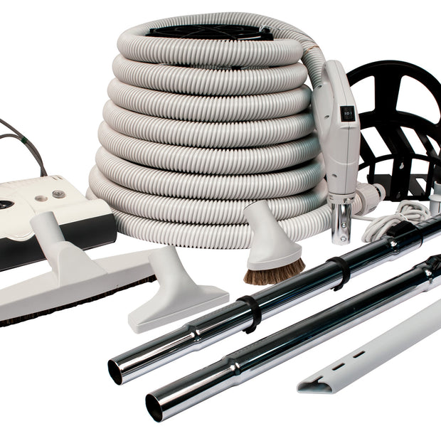 Central Vacuum Kit - 30' (9 m) Electrical Hose - SEBO Power Nozzle - Floor Brush - Dusting Brush - Upholstery Brush - Crevice Tool - 2 Telescopic Wands - Hose and Tools Hangers - Light Grey