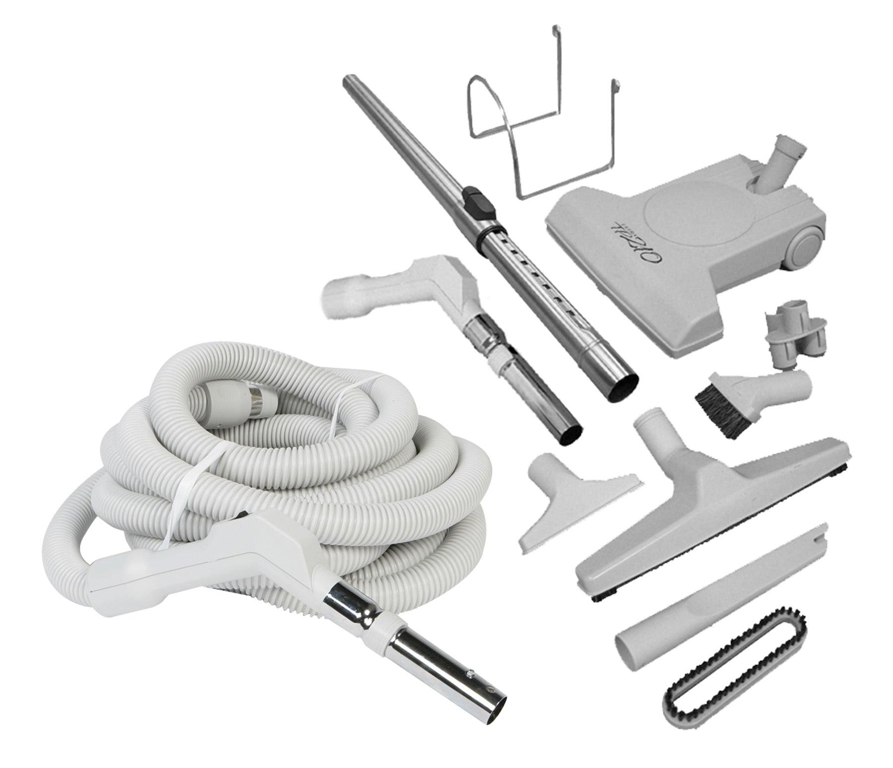Central Vacuum Kit - 30' (9 m) Hose with Button Lock - Turbocat Air Nozzle - Floor Brush - Dusting Brush - Upholstery Brush - Crevice Tool - Telescopic Wand - Hose and Tools Hangers - Grey