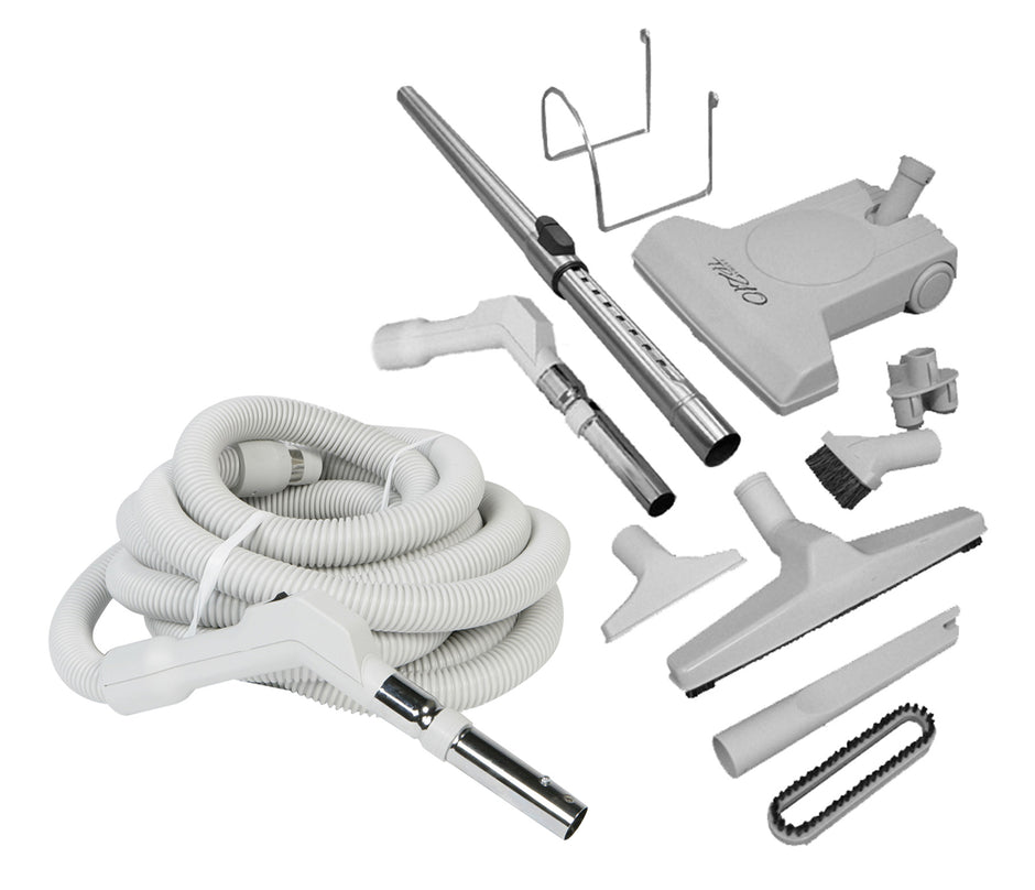 Central Vacuum Kit - 30' (9 m) Hose with Button Lock - Turbocat Air Nozzle - Floor Brush - Dusting Brush - Upholstery Brush - Crevice Tool - Telescopic Wand - Hose and Tools Hangers - Grey