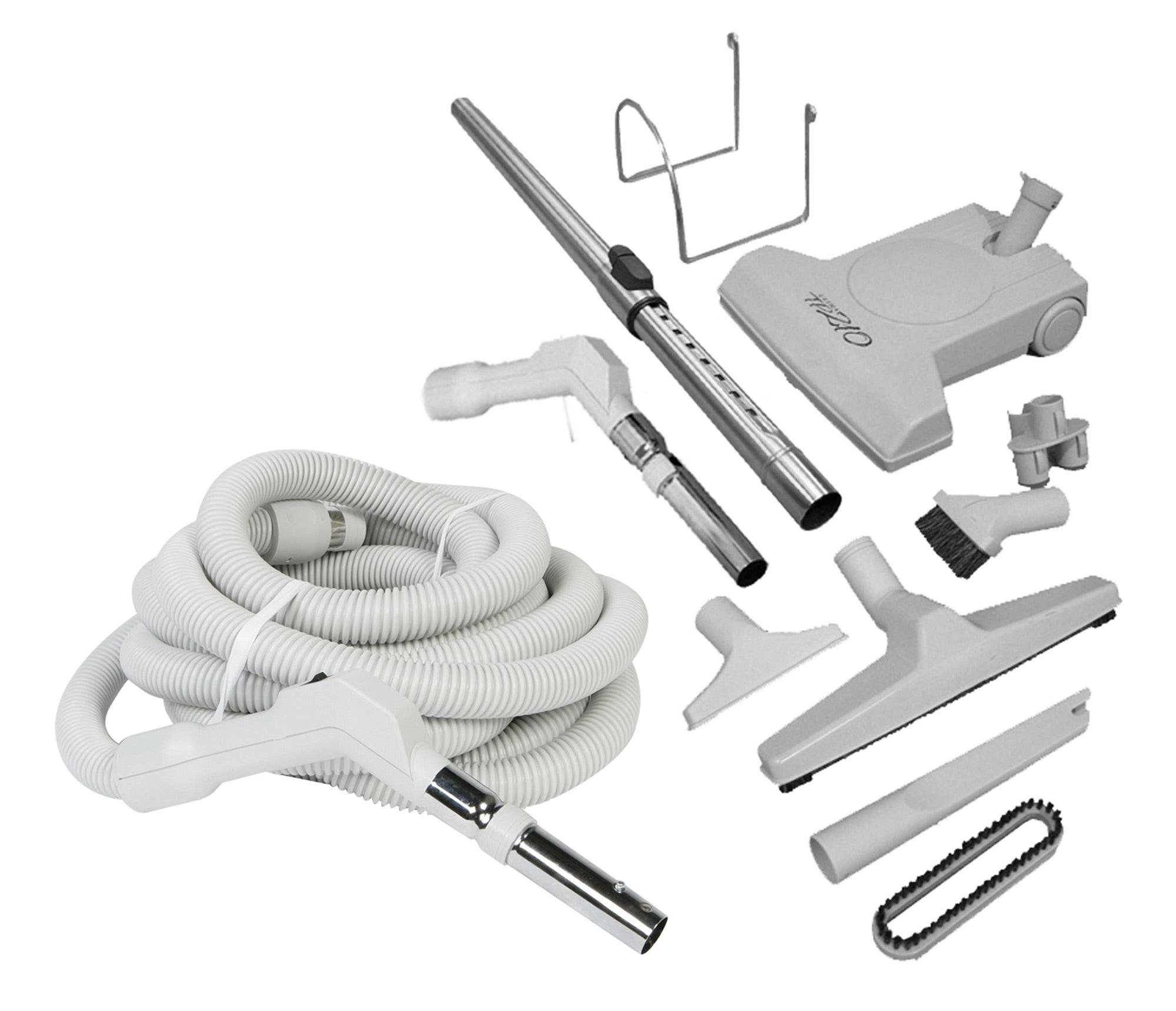 Central Vacuum Kit - 35' (10 m) Hose with Button Lock - Turbocat Air Nozzle - Floor Brush - Dusting Brush - Upholstery Brush - Crevice Tool - Telescopic Wand - Hose and Tools Hangers - Grey