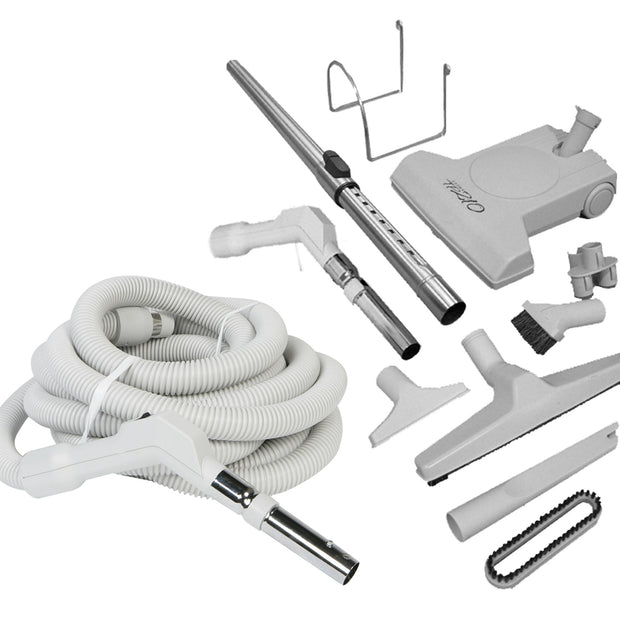 Central Vacuum Kit - 35' (10 m) Hose with Button Lock - Turbocat Air Nozzle - Floor Brush - Dusting Brush - Upholstery Brush - Crevice Tool - Telescopic Wand - Hose and Tools Hangers - Grey