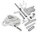 Central Vacuum Kit - 30' (9 m) Hose with Button Lock - Turbocat Air Nozzle - Floor Brush - Dusting Brush - Upholstery Brush - Crevice Tool - Telescopic Wand - Hose and Tools Hangers - Grey