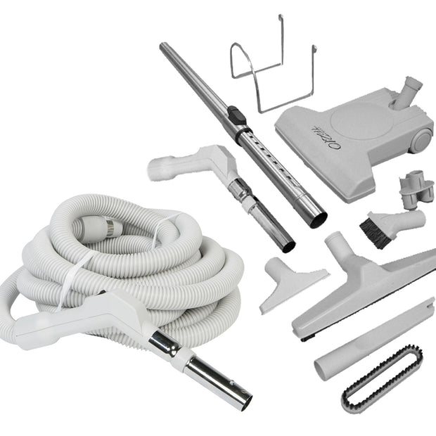 Central Vacuum Kit - 30' (9 m) Hose with Button Lock - Turbocat Air Nozzle - Floor Brush - Dusting Brush - Upholstery Brush - Crevice Tool - Telescopic Wand - Hose and Tools Hangers - Grey