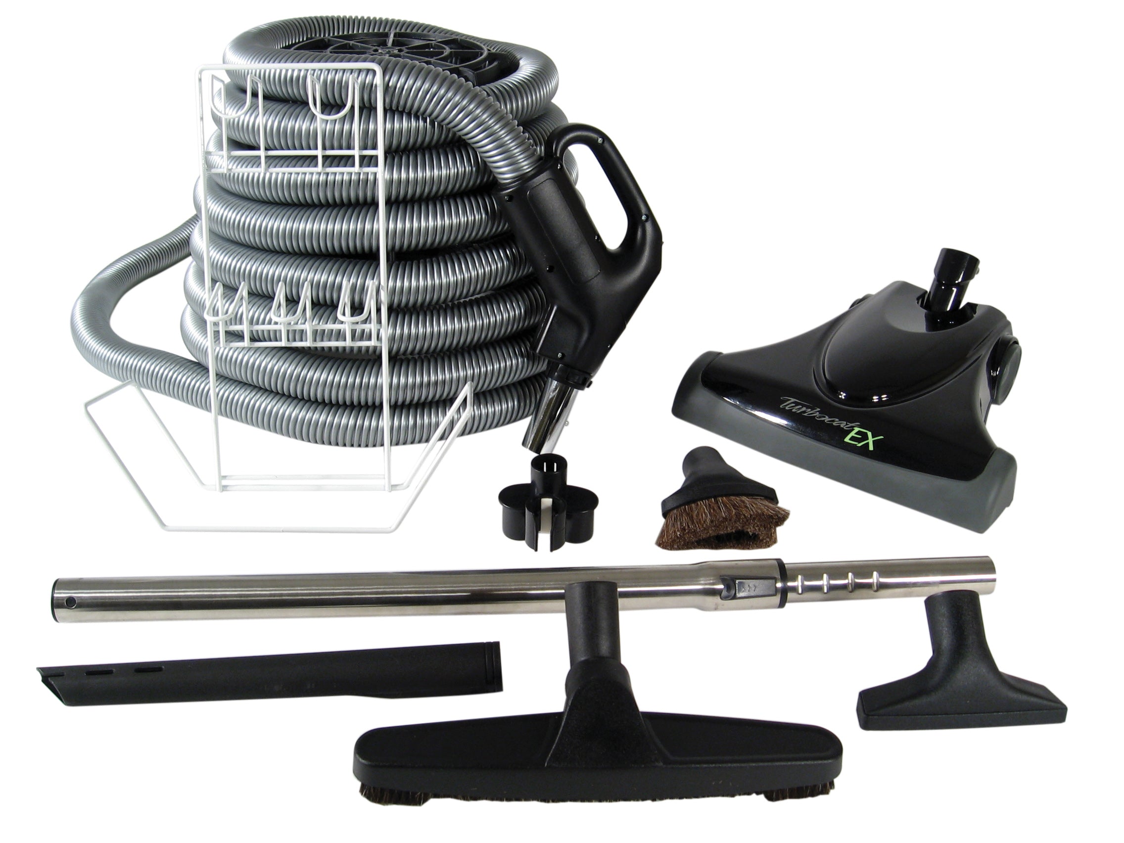 Central Vacuum Kit - 30' (9 m) Silver Hose - Turbocat EX Air Nozzle - Floor Brush - Dusting Brush - Upholstery Brush - Crevice Tool - Telescopic Wand - Hose and Tools Hangers - Black