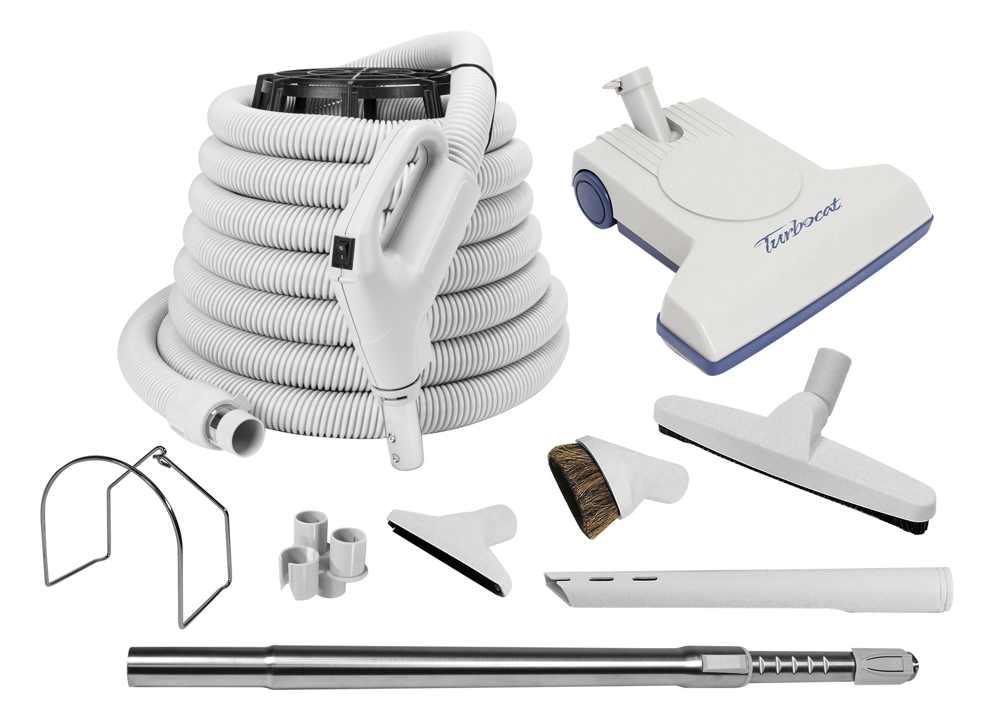 Central Vacuum Kit - 30' (9 m) Hose with Gas Pump Handle Featuring On/Off Switch - Air Nozzle - Multiple Brushes