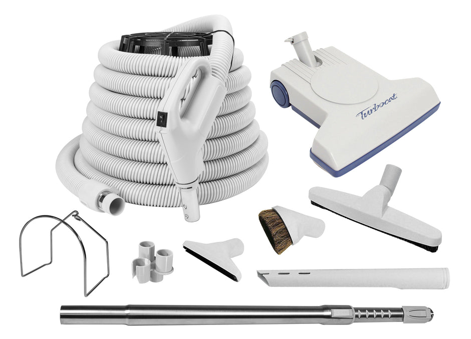 Central Vacuum Kit - 35' (10 m) Hose with Gas Pump Handle Featuring On/Off Switch - Air Nozzle - Multiple Brushes