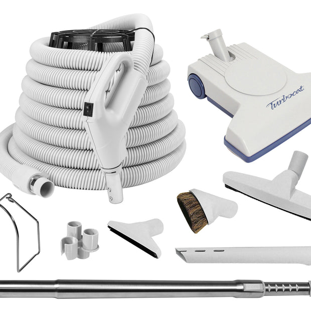 Central Vacuum Kit - 30' (9 m) Hose with Gas Pump Handle Featuring On/Off Switch - Air Nozzle - Multiple Brushes