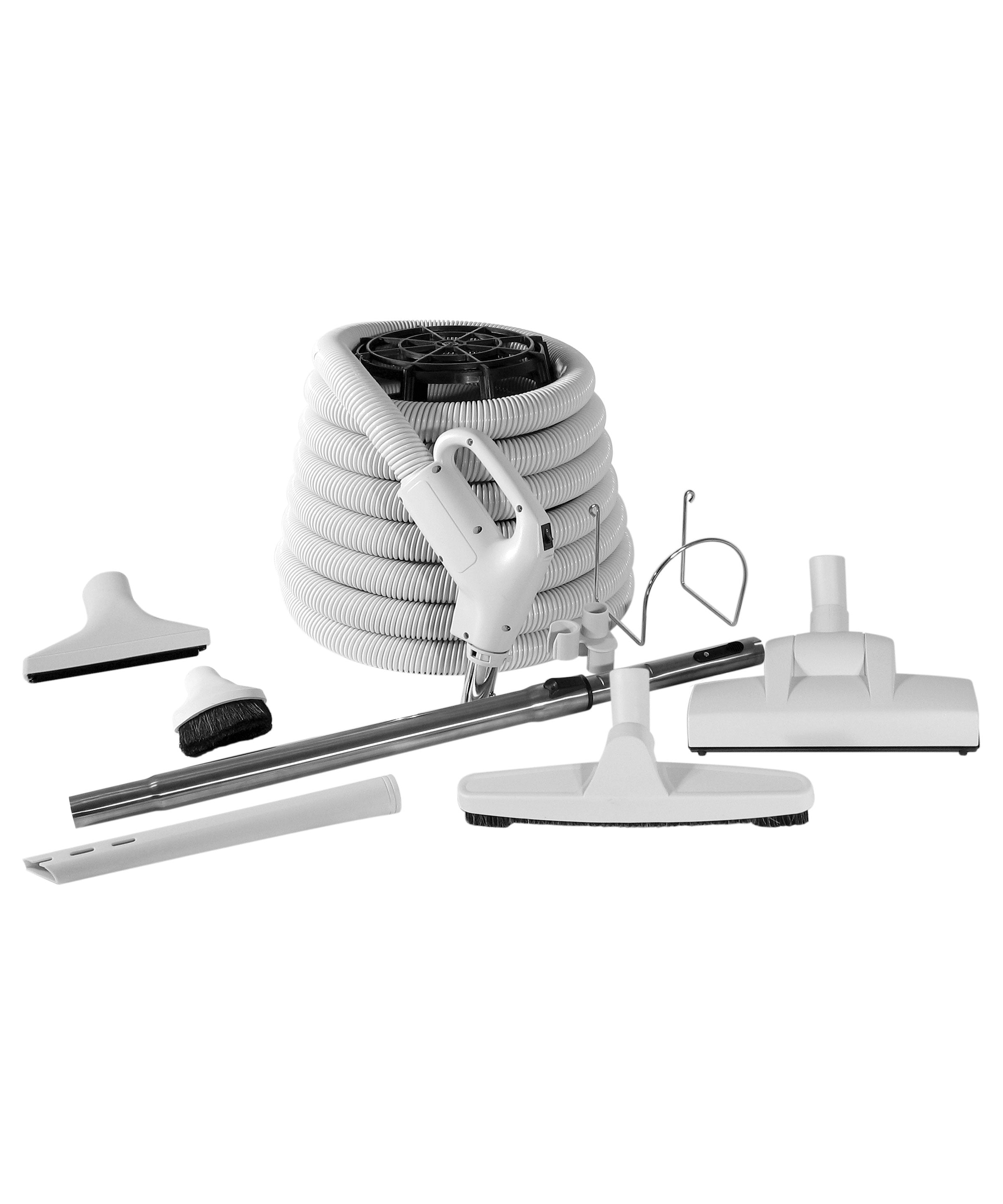 Central Vacuum Kit - 30' (9 m) Hose Gas Pump Handle - Wessel-Werk Air Nozzle - Floor Brush - Dusting Brush - Upholstery Brush - Crevice Tool - Telescopic Wand - Hose and Tools Hangers - Grey