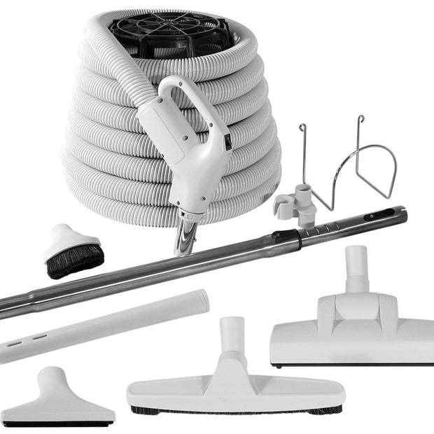Central Vacuum Kit - 45' (14 m) Hose Gas Pump Handle with On/Off Switch - Wessel-Werk Air Nozzle - Multiple Brushes
