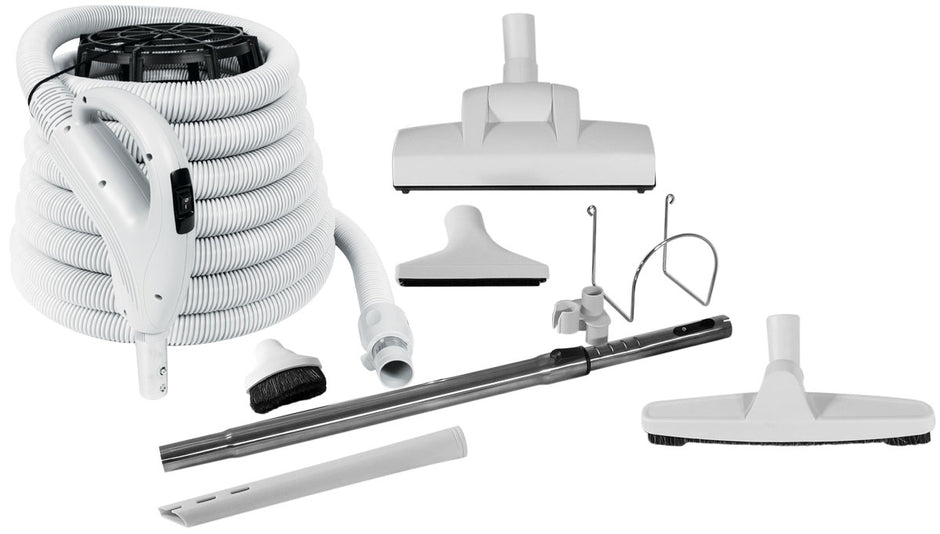 Central Vacuum Kit - 30' (9 m) Hose Value Flex with On/Off Switch - Wessel-Werk Air Nozzle - Multiple Brushes