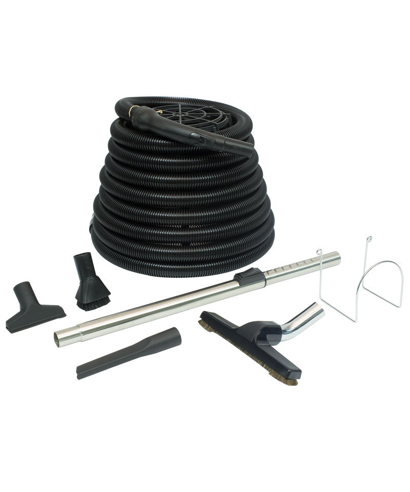 Central Vacuum Kit for Garage - 30' (9 m) Hose - Floor Brush - Upholstery Brush - Dust Brush - Metal Telescopic Wand - Metal Hose Hanger - Black