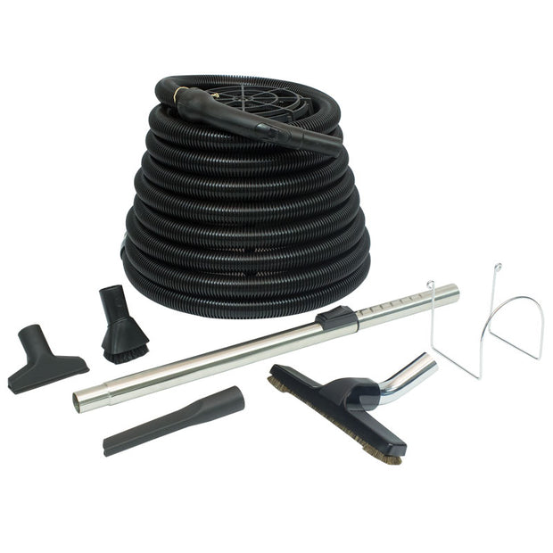 Central Vacuum Kit for Garage - 30' (9 m) Hose - Floor Brush - Upholstery Brush - Dust Brush - Metal Telescopic Wand - Metal Hose Hanger - Black