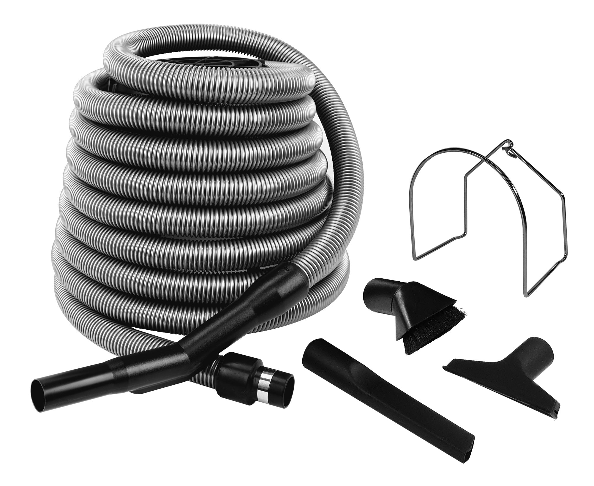 Central Vacuum Kit for Garage - 30' (9 m) Hose - Dusting Brush - Upholstery Brush - Crevice Tool - Metal Hose Hanger - Silver