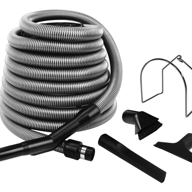 Central Vacuum Kit for Garage - 30' (9 m) Hose - Dusting Brush - Upholstery Brush - Crevice Tool - Metal Hose Hanger - Silver