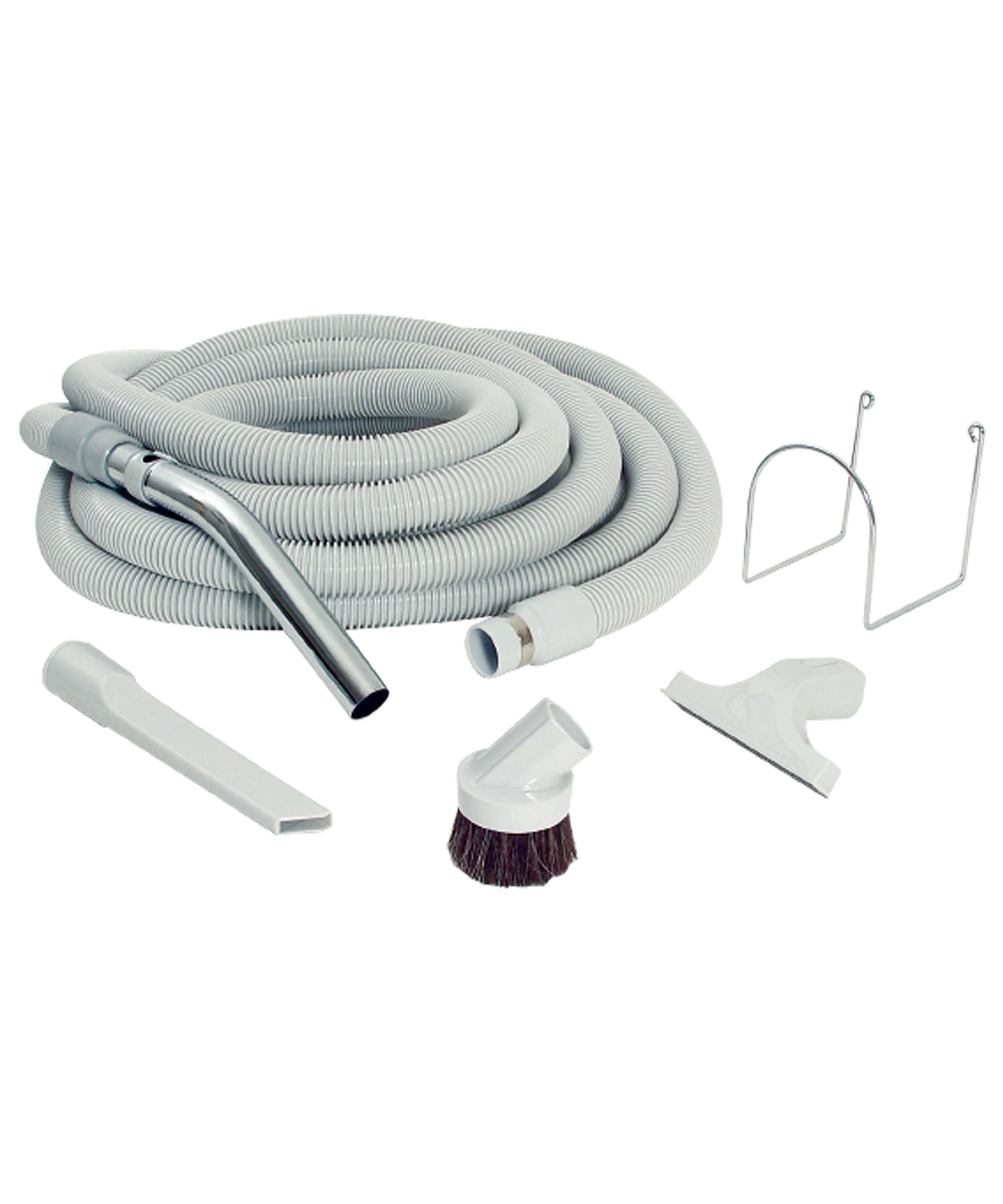 Central Vacuum Kit for Garage - 30' (9 m) Hose - Dusting Brush - Upholstery Brush - Crevice Tool - Metal Hose Hanger - Grey