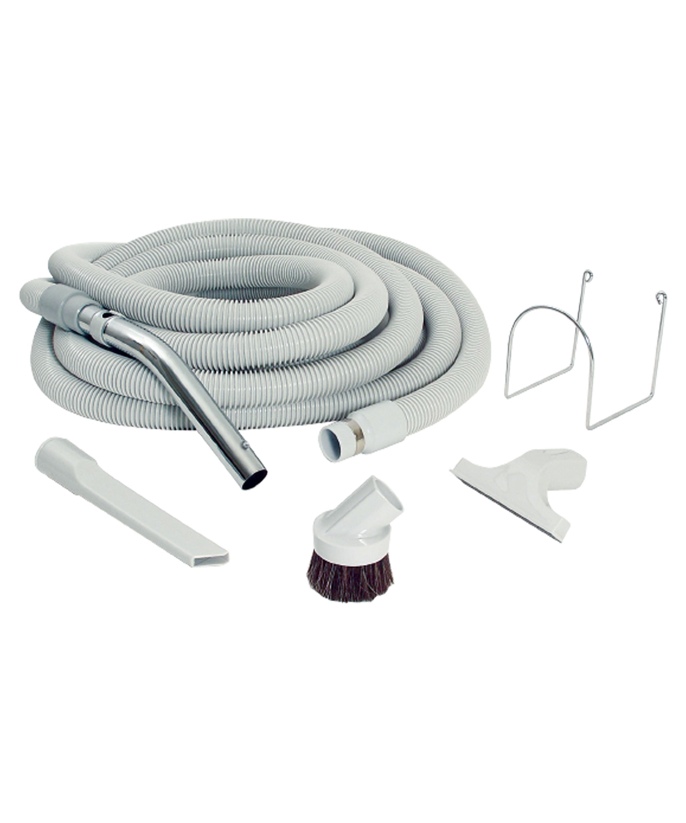 Central Vacuum Kit for Garage - 30' (9 m) Hose with Button Lock - Dusting Brush - Upholstery Brush - Crevice Tool - Metal Hose Hanger - Grey