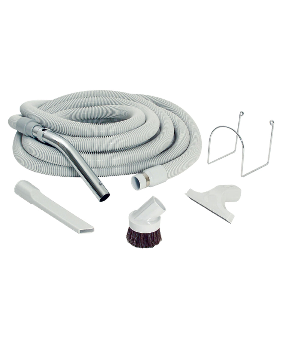 Central Vacuum Kit for Garage - 30' (9 m) Hose with Button Lock - Dusting Brush - Upholstery Brush - Crevice Tool - Metal Hose Hanger - Grey