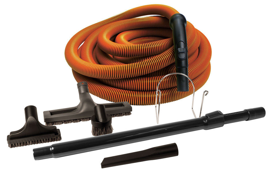 Central Vacuum Kit - 30' (9 m) Orange Hose - Floor Brush - Dusting Brush - Upholstery Brush - Crevice Tool - Telescopic Plastic Wand - Metal Hose Hanger - Black