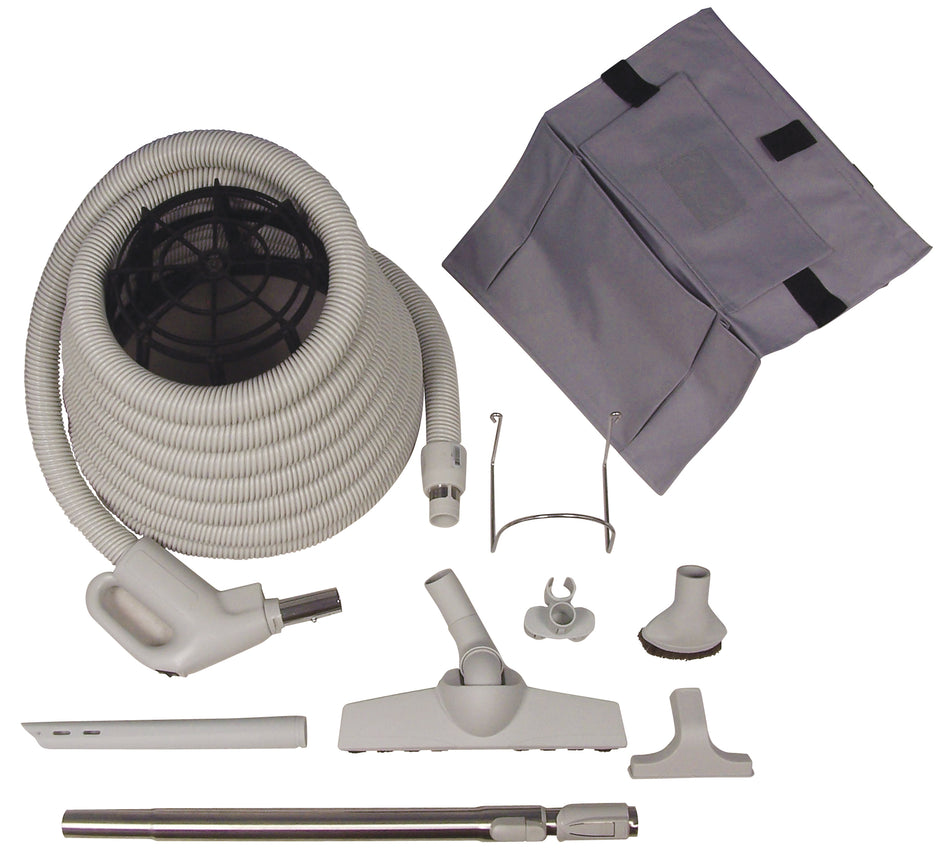 Central Vacuum Kit - 30' (9 m) Hose - Wessel-Werk Floor Brush - Dusting Brush - Upholstery Brush - Crevice Tool - Telescopic Wand - Hose and Tools Hangers - Grey