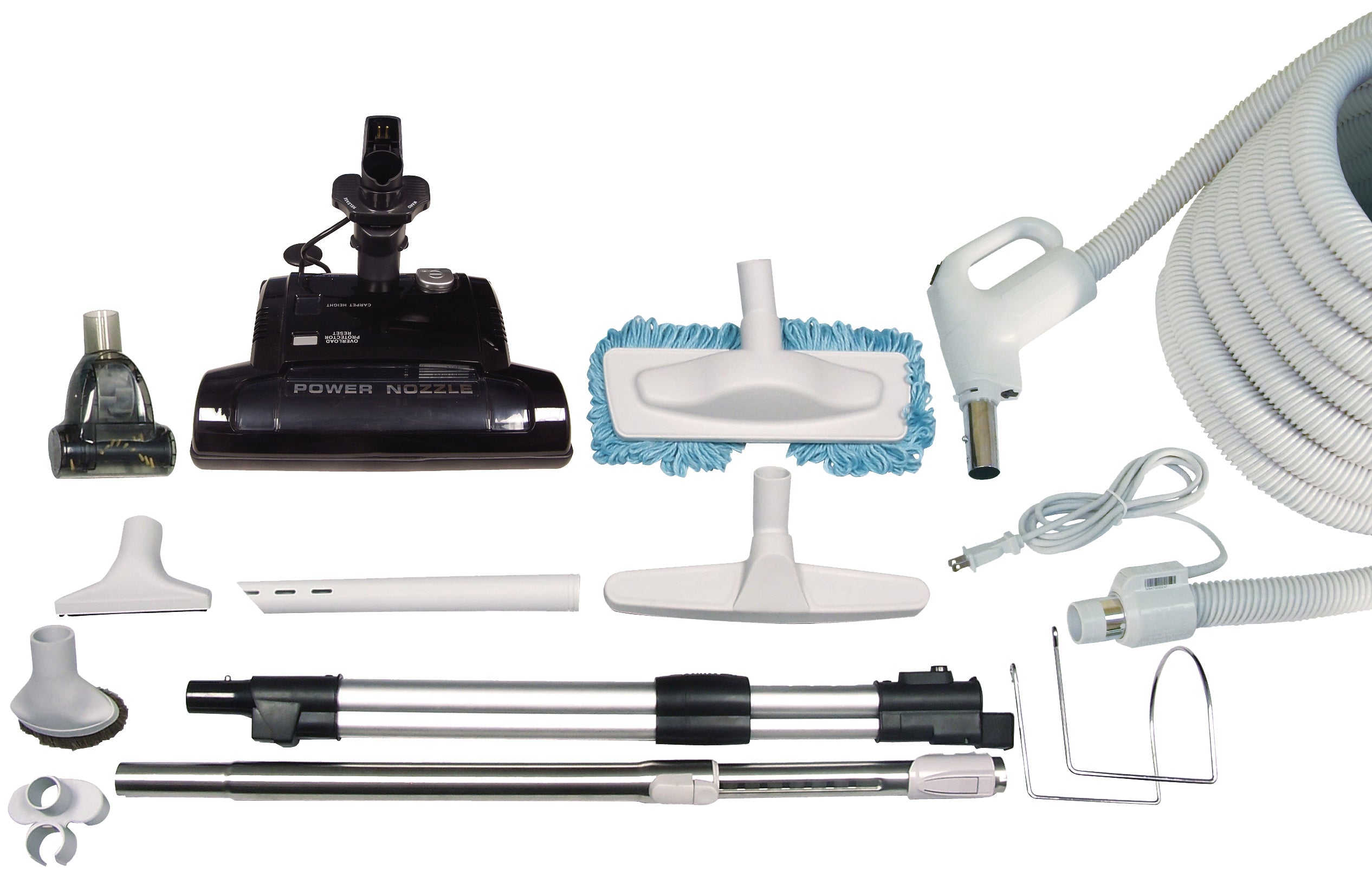 Central Vacuum Kit - 30'  (9 m) Electrical Hose - Black Power Nozzle - Mini Air Nozzle - Floor Brush - Dusting Brush - Upholstery Brush - Microfiber Brush - Telescopic Wand - Hangers - Grey